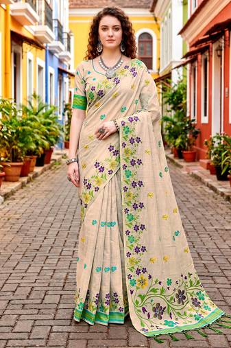Sangam prints purple cotton blend woven work traditional saree