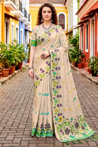 Sangam prints purple cotton blend woven work traditional saree