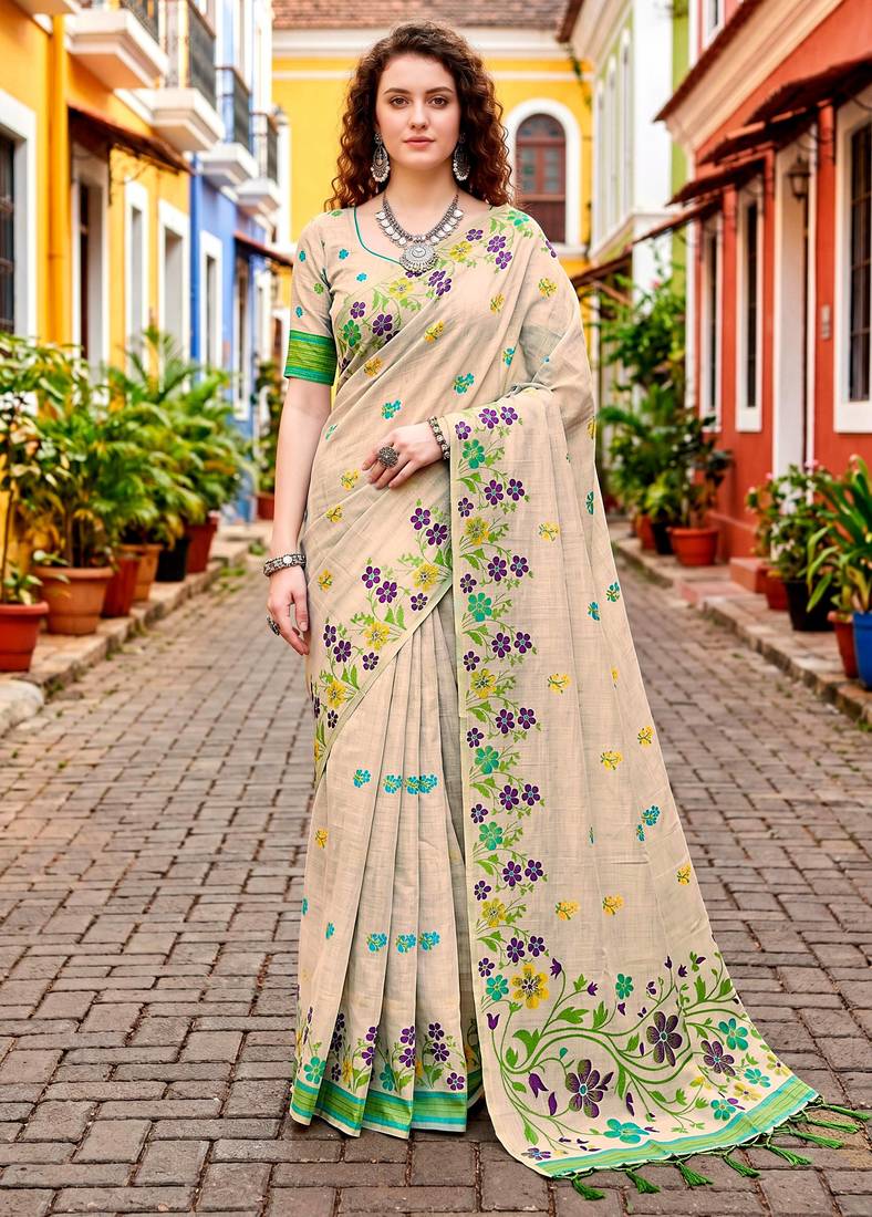 Sangam prints purple cotton blend woven work traditional saree