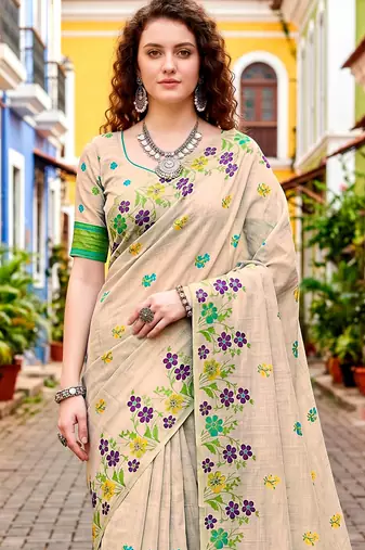Sangam prints purple cotton blend woven work traditional saree