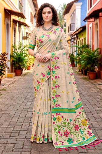 Sangam prints pink cotton blend woven work traditional saree