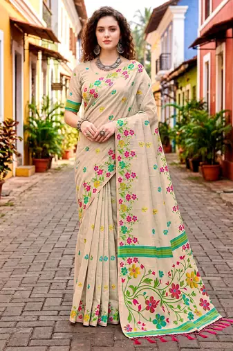 Sangam prints pink cotton blend woven work traditional saree