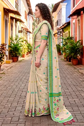 Sangam prints pink cotton blend woven work traditional saree
