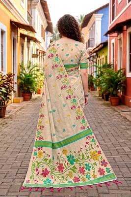 Sangam prints pink cotton blend woven work traditional saree 4
