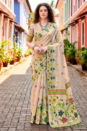 Sangam prints green cotton blend woven work traditional saree