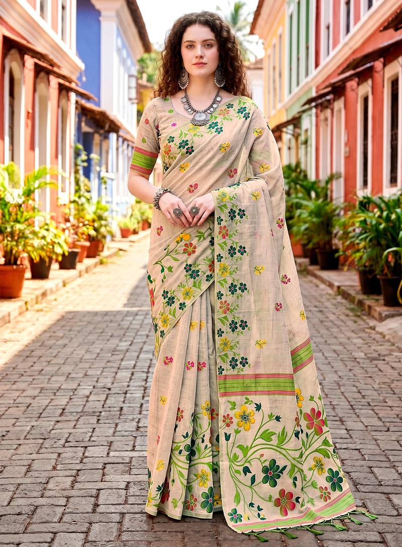 Sangam prints green cotton blend woven work traditional saree