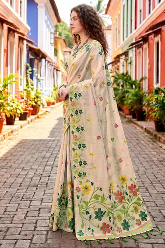 Sangam prints green cotton blend woven work traditional saree