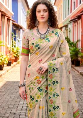 Sangam prints green cotton blend woven work traditional saree 3