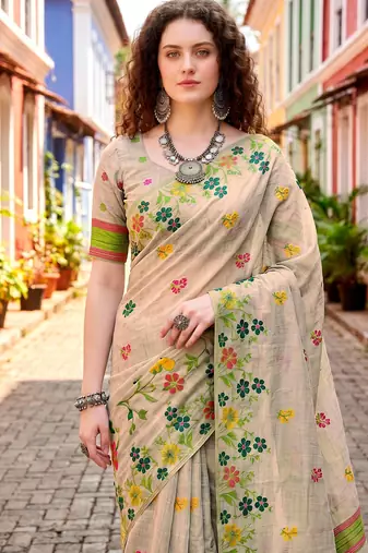 Sangam prints green cotton blend woven work traditional saree