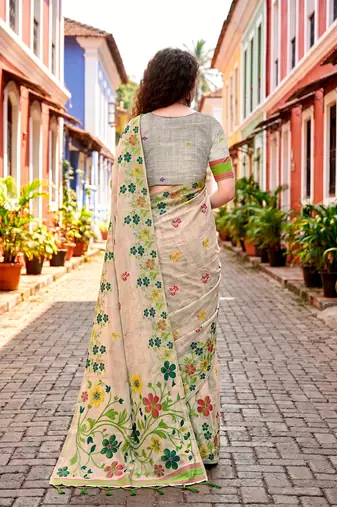 Sangam prints green cotton blend woven work traditional saree