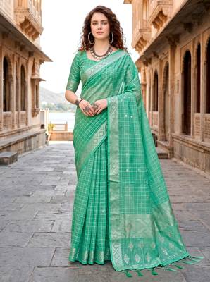 Sangam prints teal green cotton blend woven work traditional saree 1