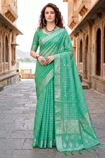 Sangam prints teal green cotton blend woven work traditional saree