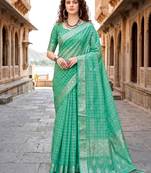 Sangam prints teal green cotton blend woven work traditional saree