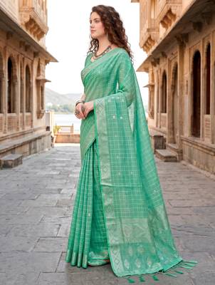 Sangam prints teal green cotton blend woven work traditional saree 2