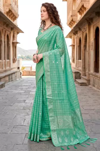 Sangam prints teal green cotton blend woven work traditional saree