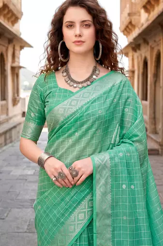 Sangam prints teal green cotton blend woven work traditional saree
