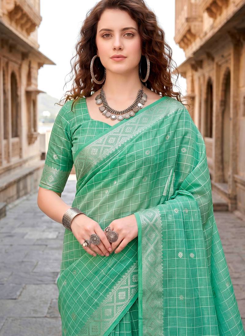Sangam prints teal green cotton blend woven work traditional saree