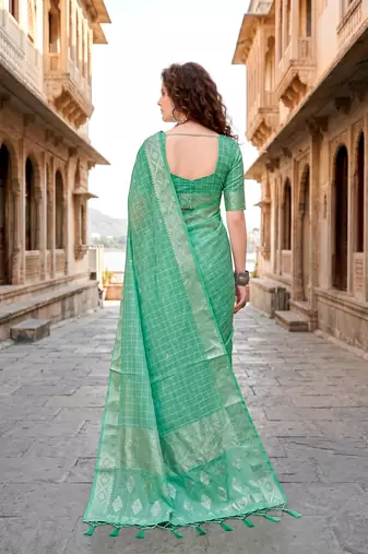 Sangam prints teal green cotton blend woven work traditional saree