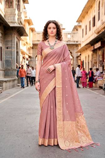 Sangam prints light pink cotton blend woven work traditional saree