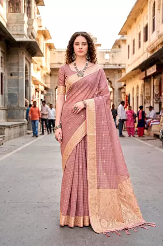 Sangam prints light pink cotton blend woven work traditional saree