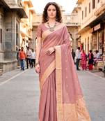 Sangam prints light pink cotton blend woven work traditional saree