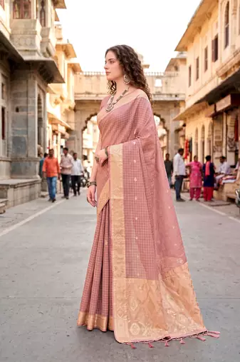 Sangam prints light pink cotton blend woven work traditional saree