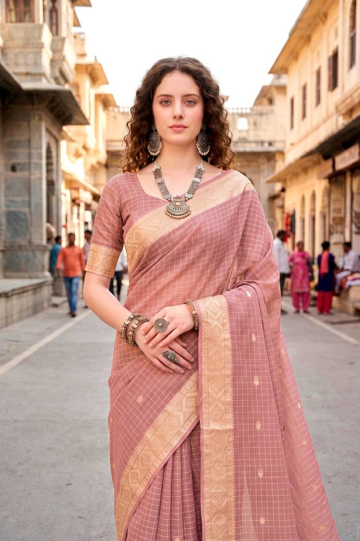 Sangam prints light pink cotton blend woven work traditional saree