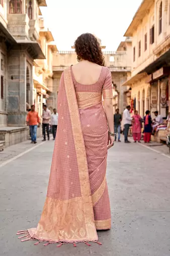 Sangam prints light pink cotton blend woven work traditional saree