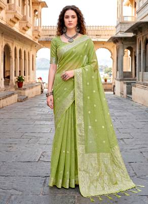 Sangam prints green cotton blend woven work traditional saree 1