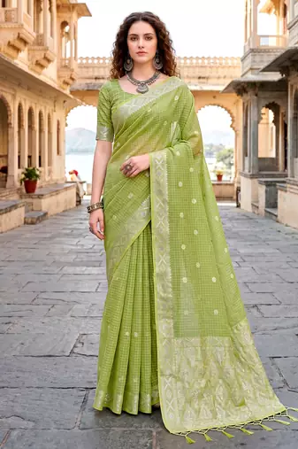 Sangam prints green cotton blend woven work traditional saree
