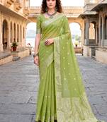 Sangam prints green cotton blend woven work traditional saree