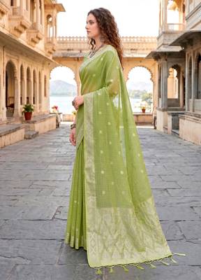 Sangam prints green cotton blend woven work traditional saree 2
