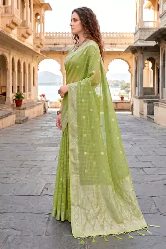 Sangam prints green cotton blend woven work traditional saree