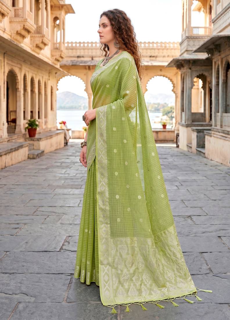 Sangam prints green cotton blend woven work traditional saree