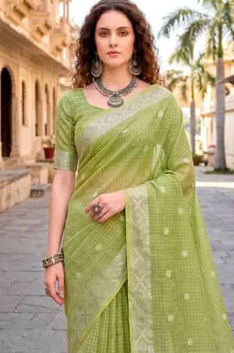 Sangam prints green cotton blend woven work traditional saree