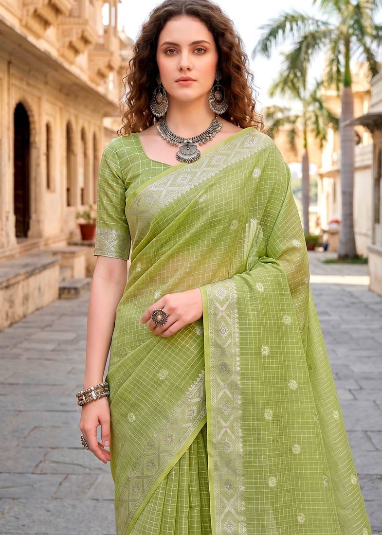 Sangam prints green cotton blend woven work traditional saree