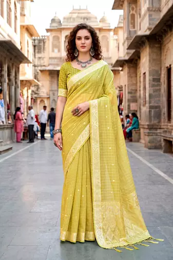 Sangam prints yellow cotton blend woven work traditional saree