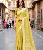 Sangam prints yellow cotton blend woven work traditional saree