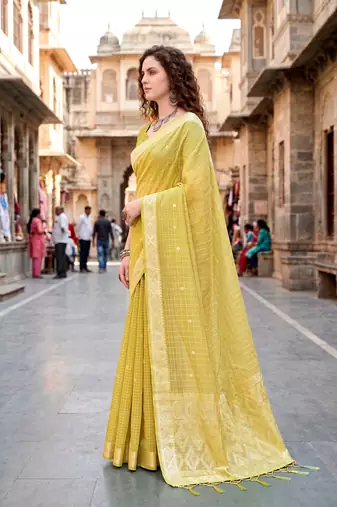 Sangam prints yellow cotton blend woven work traditional saree