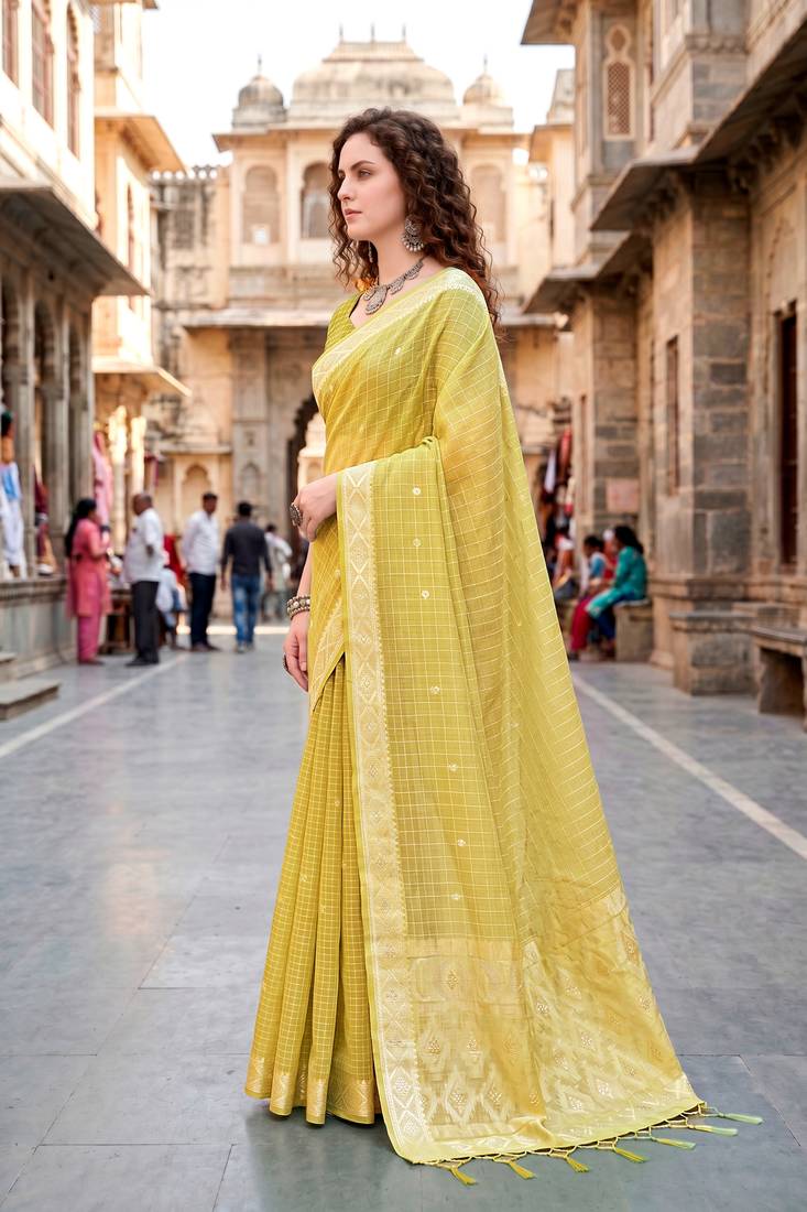 Sangam prints yellow cotton blend woven work traditional saree