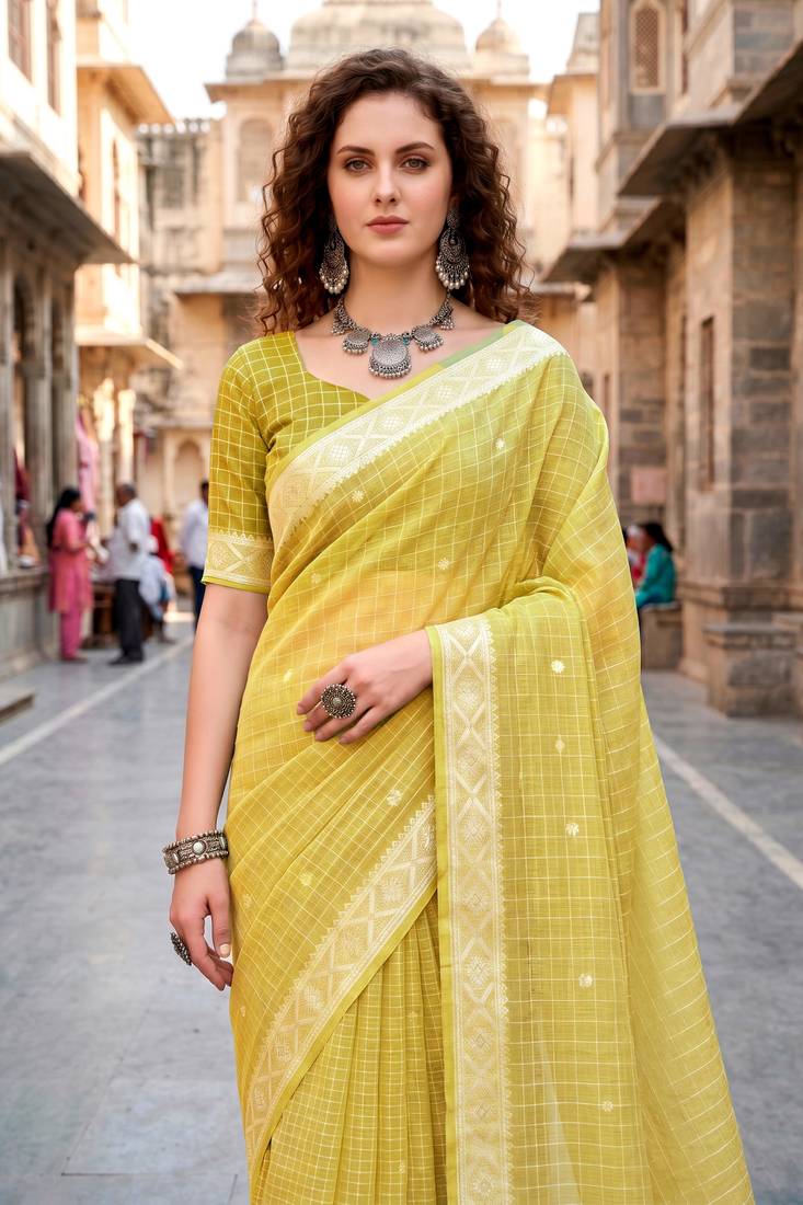 Sangam prints yellow cotton blend woven work traditional saree