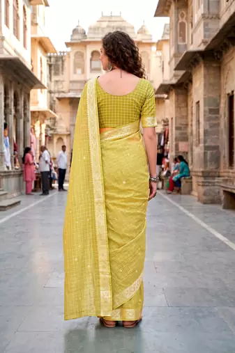 Sangam prints yellow cotton blend woven work traditional saree
