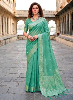 Sangam prints teal cotton blend woven work traditional saree 1