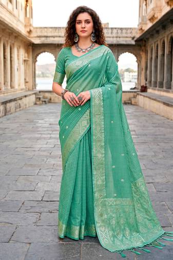 Sangam prints teal cotton blend woven work traditional saree