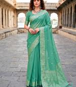 Sangam prints teal cotton blend woven work traditional saree