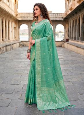 Sangam prints teal cotton blend woven work traditional saree 2