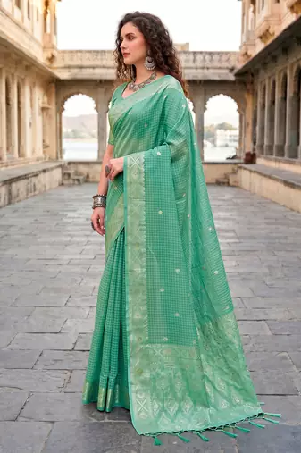 Sangam prints teal cotton blend woven work traditional saree