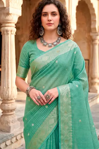 Sangam prints teal cotton blend woven work traditional saree