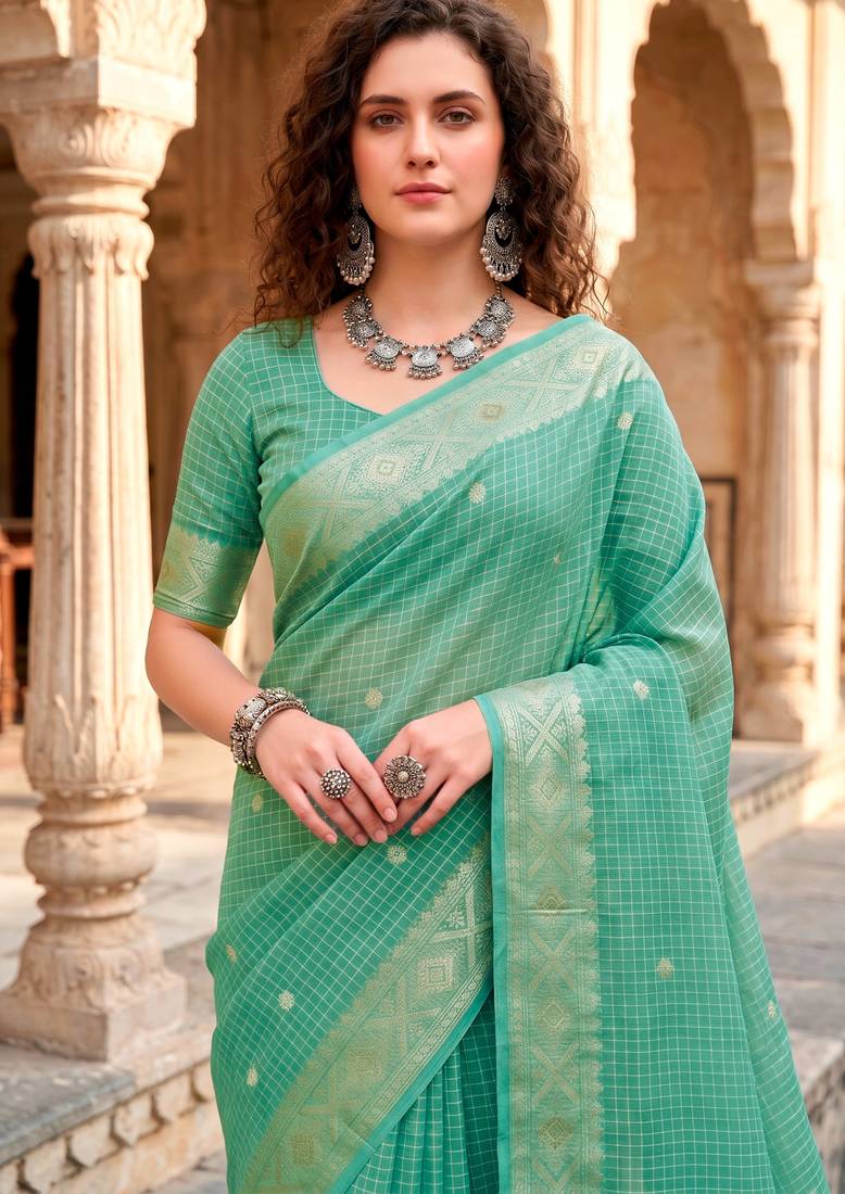 Sangam prints teal cotton blend woven work traditional saree