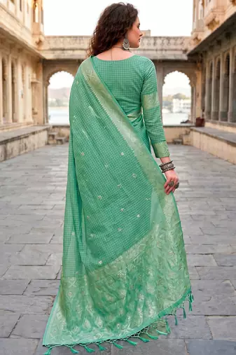 Sangam prints teal cotton blend woven work traditional saree